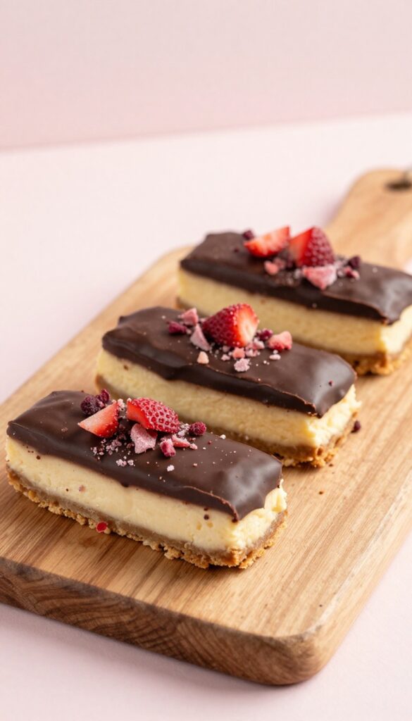 Chocolate-dipped strawberry cheesecake bars on a wooden board