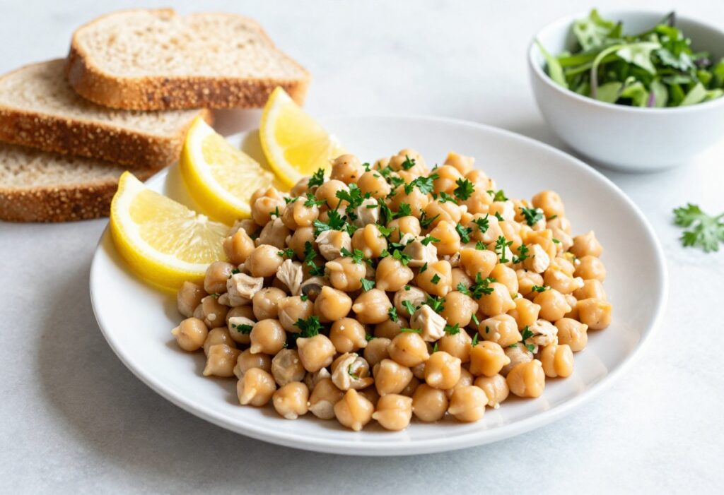 Overhead view of chickpea chicken salad on a plate with bread and greens.