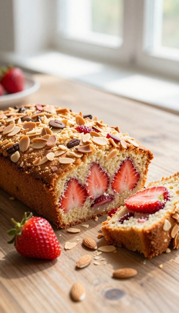 Fresh strawberry almond coffee cake with crunchy almond topping on a wooden table in natural light.
