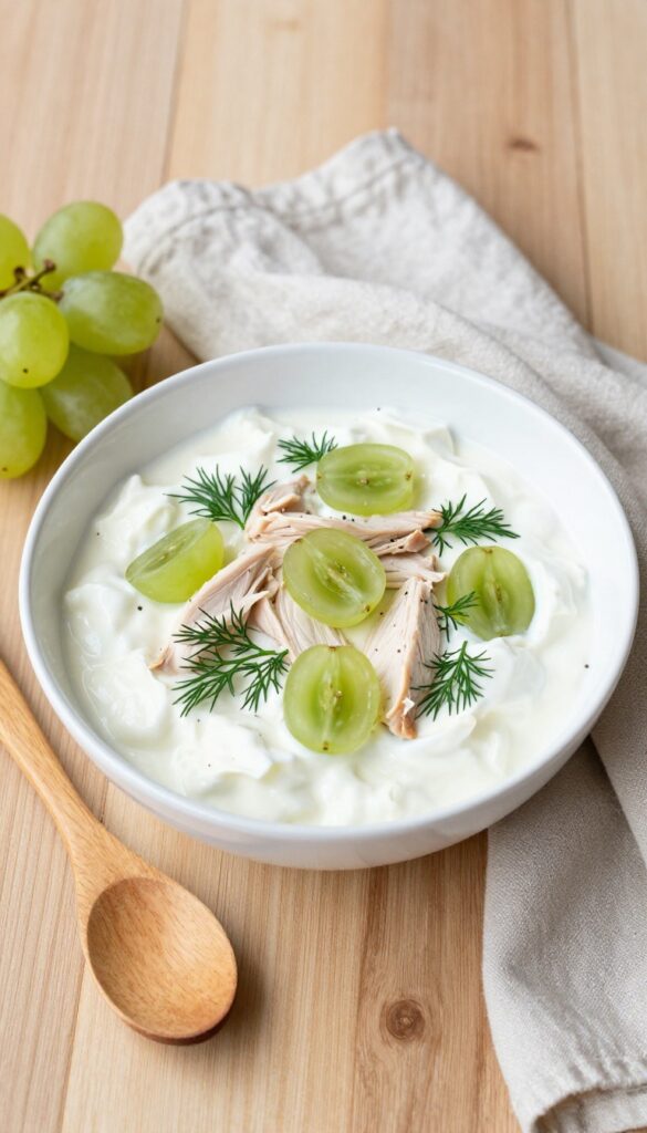 Greek yogurt chicken salad with green grapes and dill in a white bowl on a wooden table
