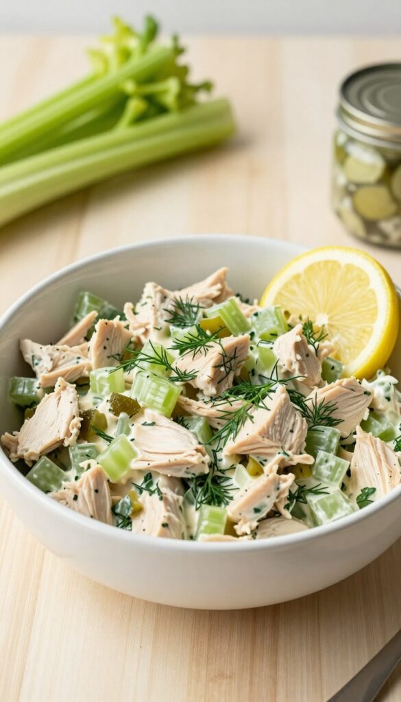 A bowl of crunchy celery and dill pickle chicken salad with lemon mayo, garnished with fresh dill and a lemon wedge.