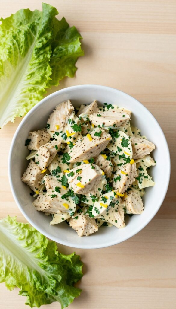 Zesty lemon pepper chicken salad served in lettuce cups on a wooden table
