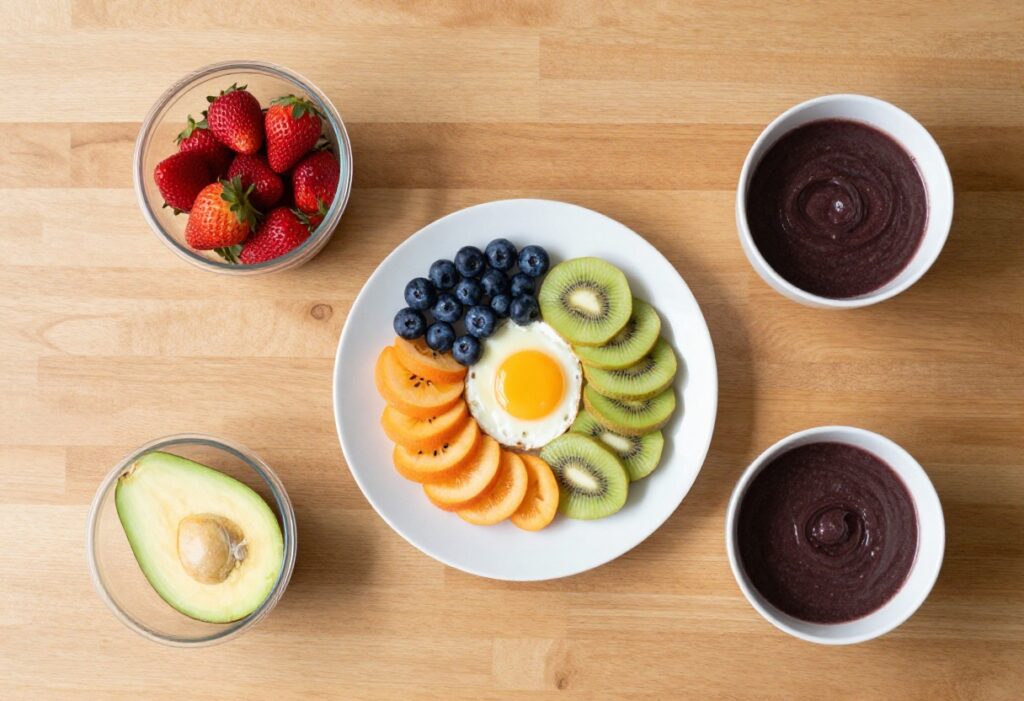 Assorted fresh fruits and a smoothie bowl on a wooden table