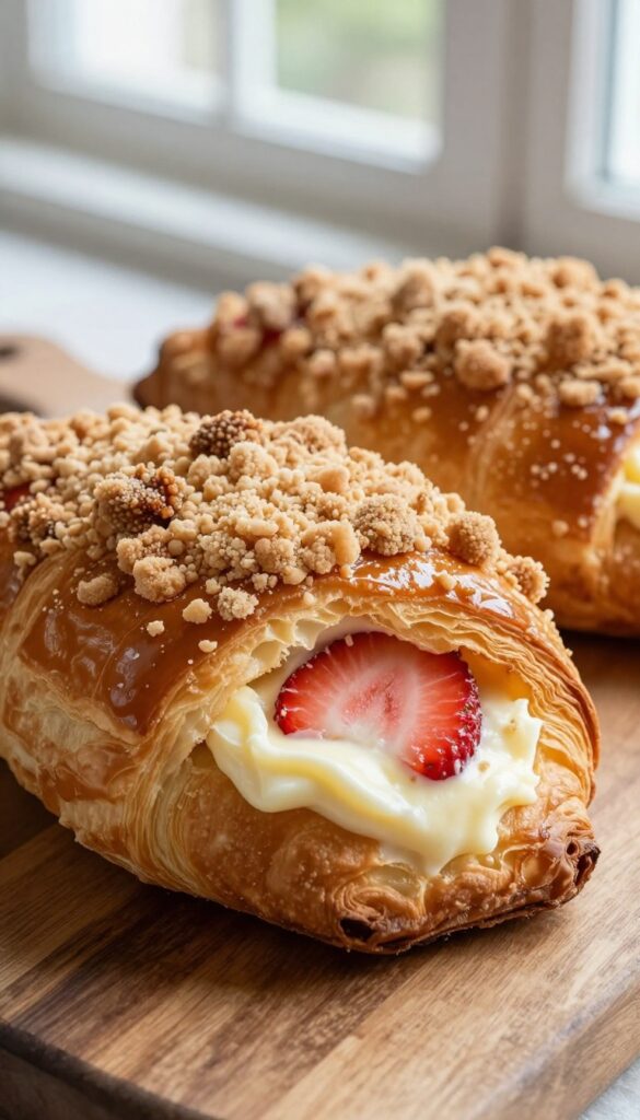 Strawberry cream cheese danish with streusel topping on a wooden board