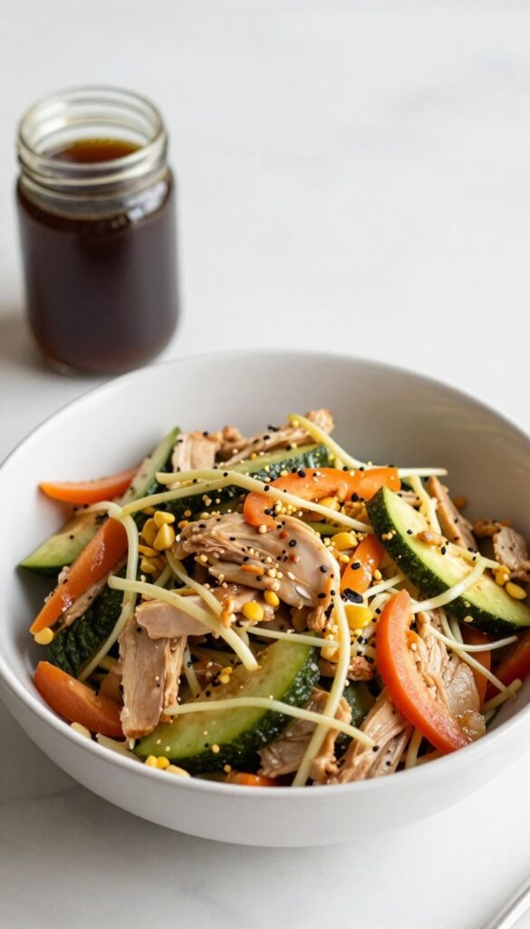 Chinese chicken salad bowl with a jar of dressing on the side