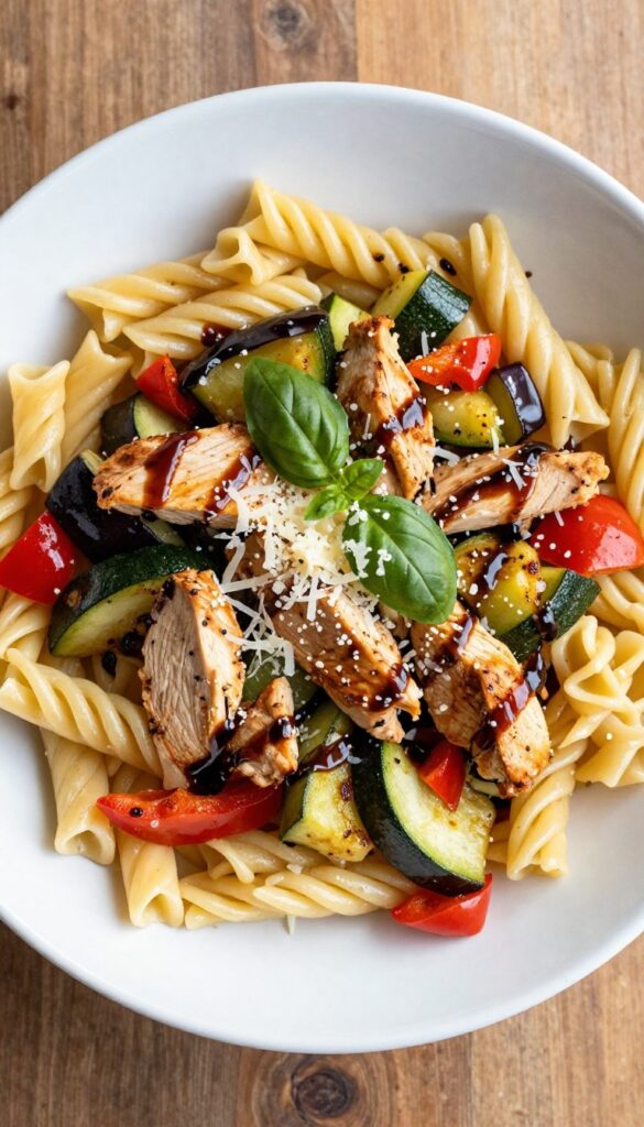 Roasted vegetable chicken pasta salad with balsamic vinaigrette in a white bowl