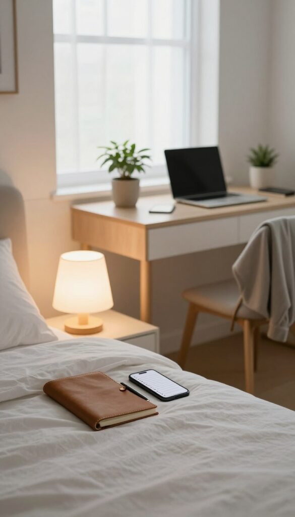 A peaceful bedroom scene at night with a notebook, pen, and phone on a bedside table, and a prepared workspace in the background.