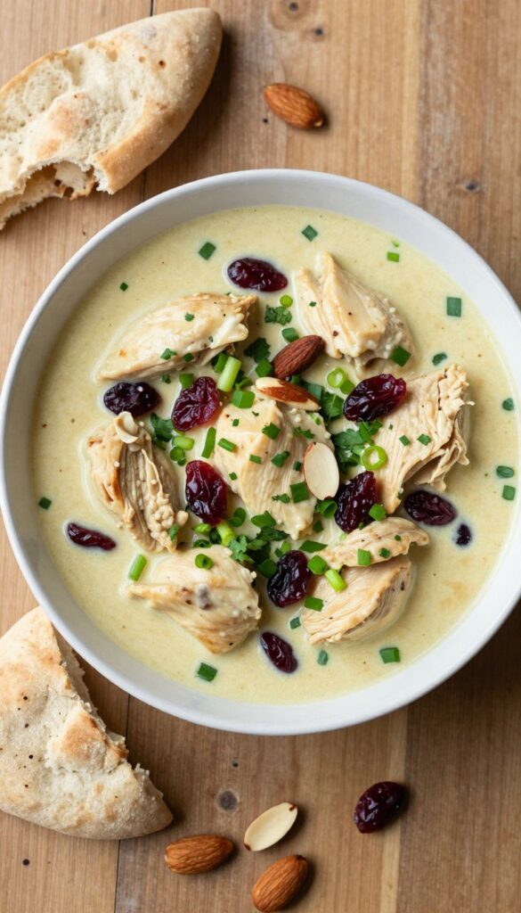 Curry chicken salad with dried cranberries and almonds in a bowl, served with pita bread.