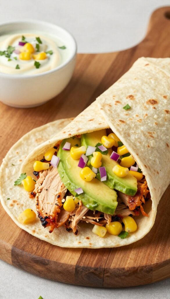 BBQ chicken wrap with avocado and corn salsa cut in half, on a wooden board with extra salsa and ranch drizzle.