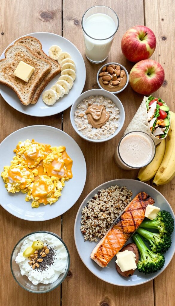Flat lay of a 3000 calorie meal plan including breakfast, snacks, lunch, dinner, and evening snack on a wooden table.