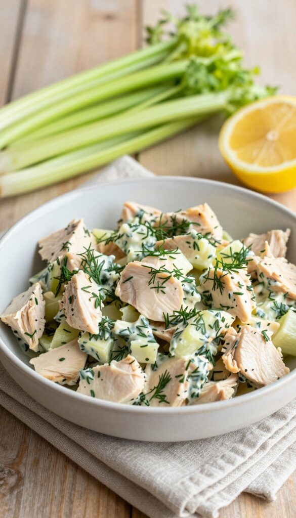 Creamy chicken salad with fresh herbs in a ceramic bowl on a wooden table