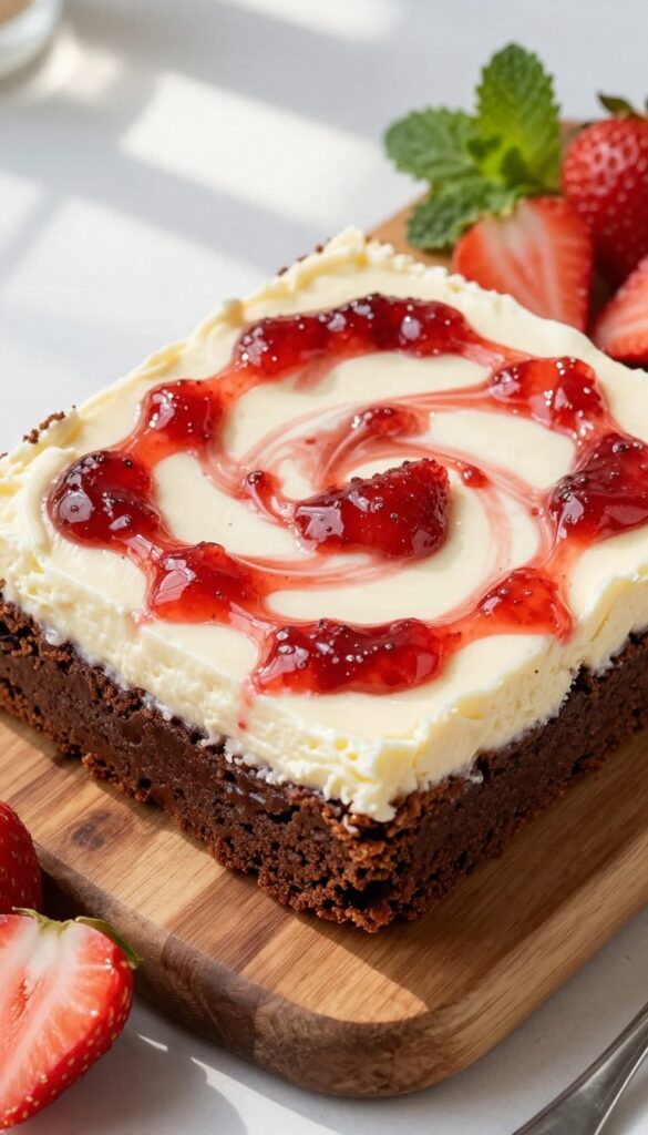 Fudgy brownie with creamy cheesecake swirl and strawberry jam, topped with fresh strawberries and mint.