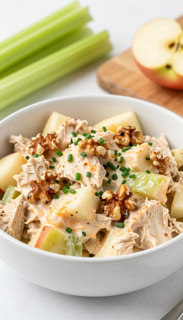 Buffalo chicken salad with apple, celery, and walnuts in a white bowl