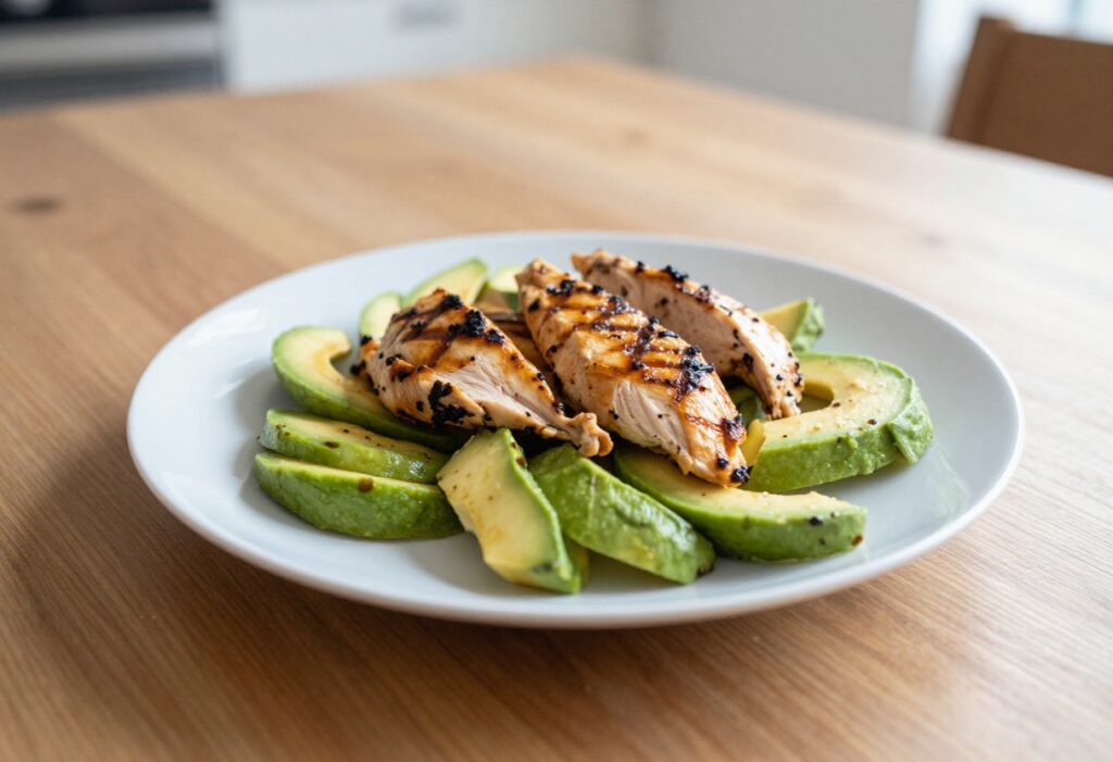 Low carb meal with grilled chicken, roasted vegetables, and avocado salad on a wooden table