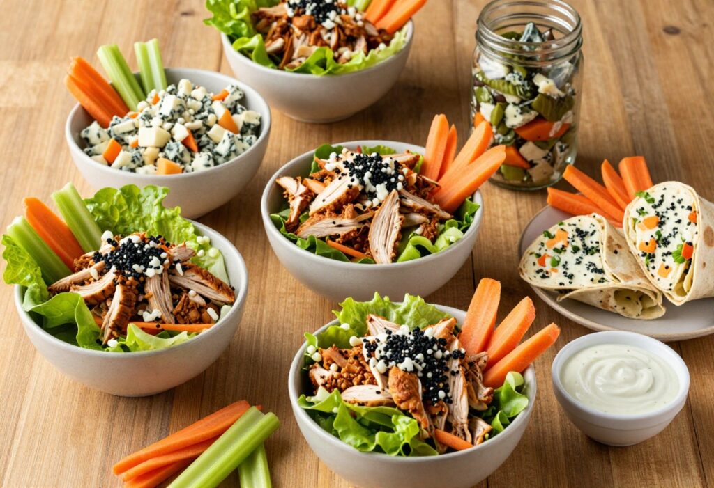 Buffalo chicken salad in lettuce cups, a wrap, and a mason jar, with blue cheese, celery, and ranch on a wooden table.
