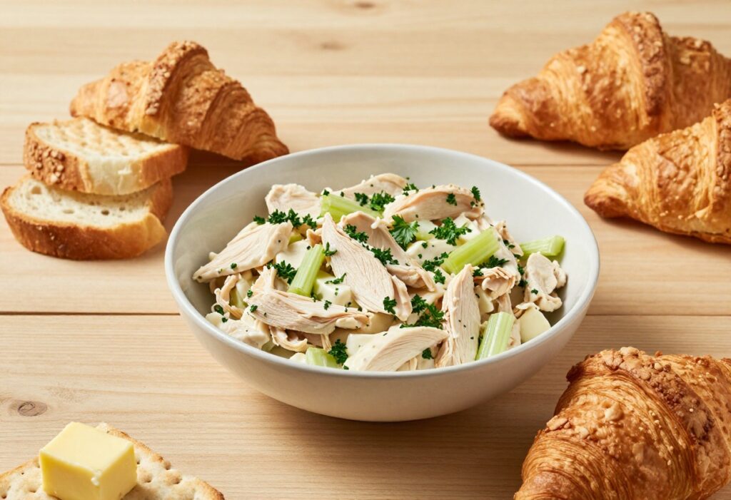 Bowl of classic chicken salad with bread and crackers on a wooden table
