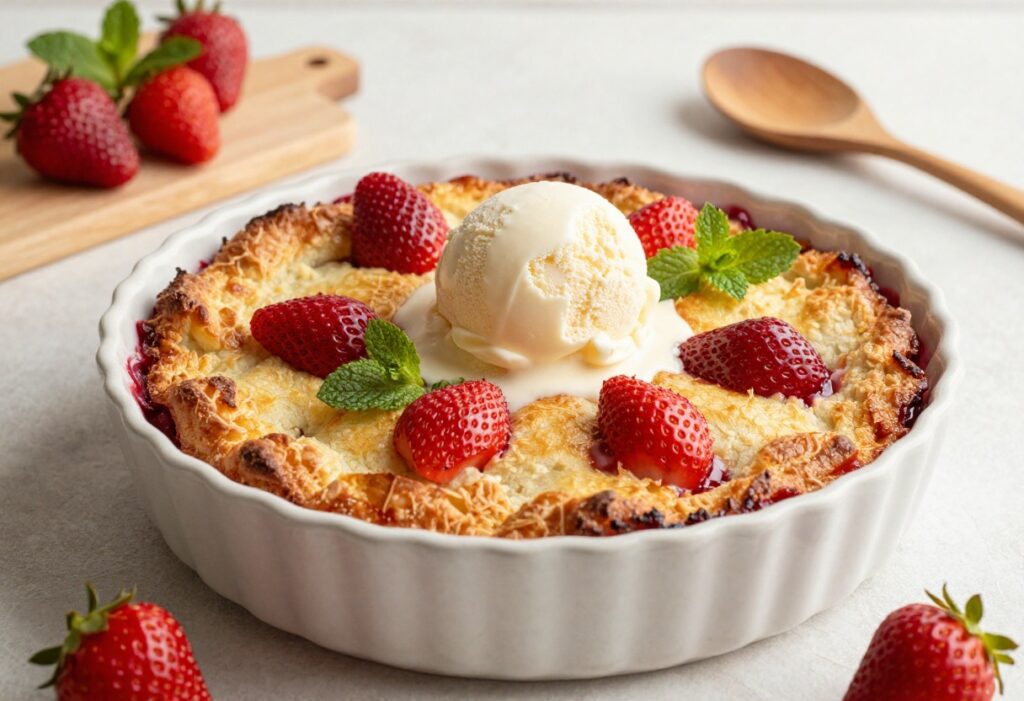 A warm strawberry cobbler with melting vanilla ice cream in a rustic baking dish.