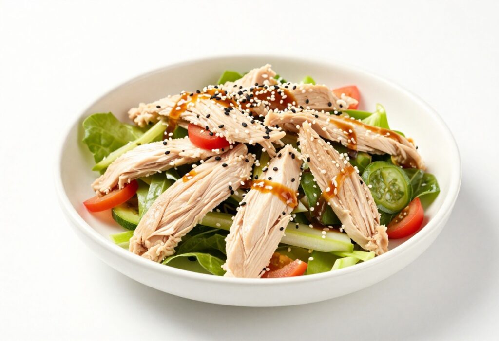 Bowl of Chinese chicken salad with dressing drizzled on top