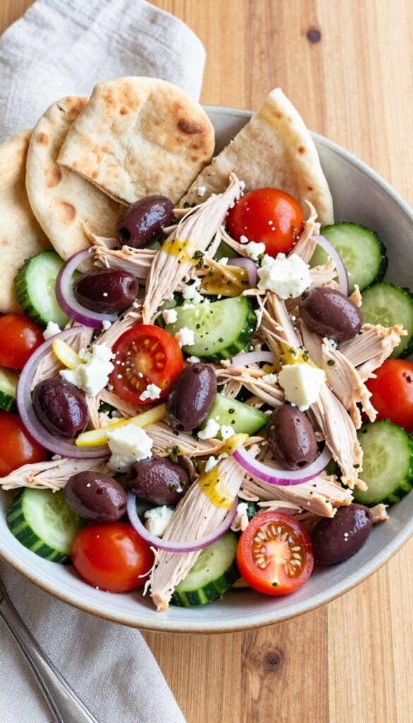 Mediterranean chicken salad with feta and olives in a bowl with pita bread
