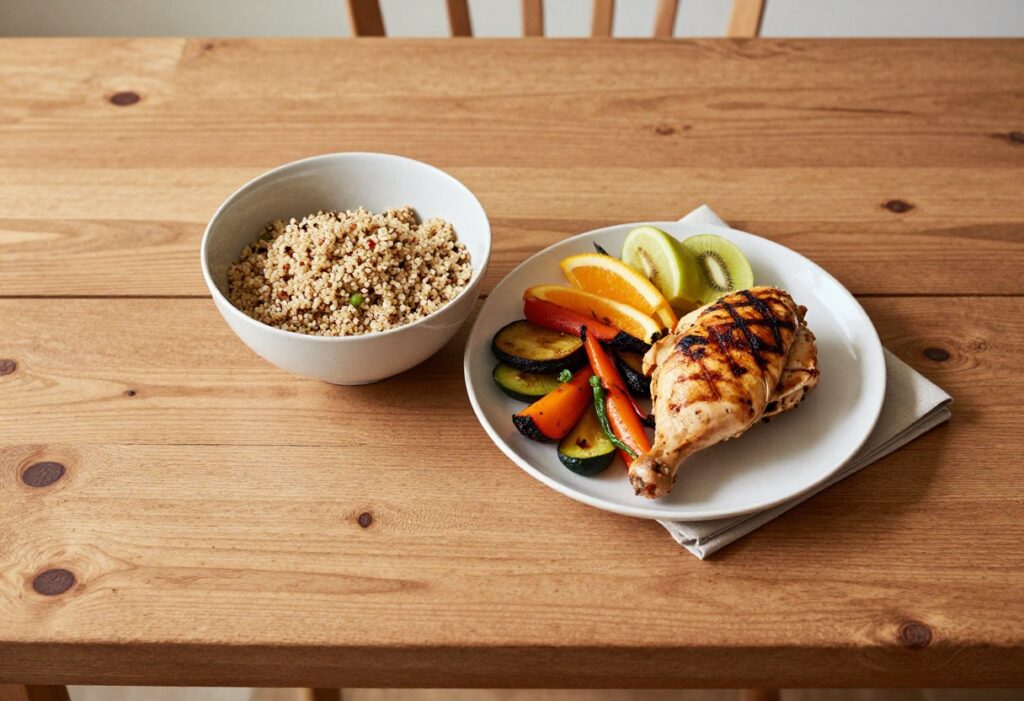 Colorful whole food meal bowl with quinoa, roasted vegetables, and grilled chicken on a wooden table