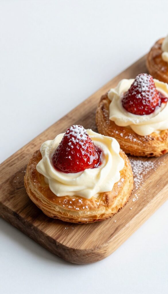 Golden puff pastry danish with thick cream cheese filling and roasted strawberries, dusted with powdered sugar.