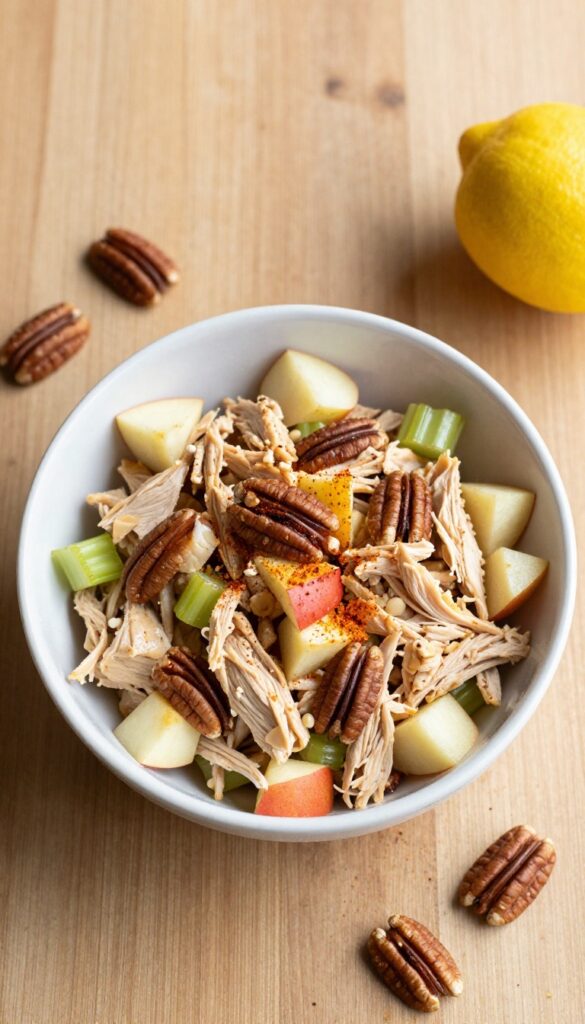 Spicy chicken salad with apples and pecans in a bowl on a wooden table