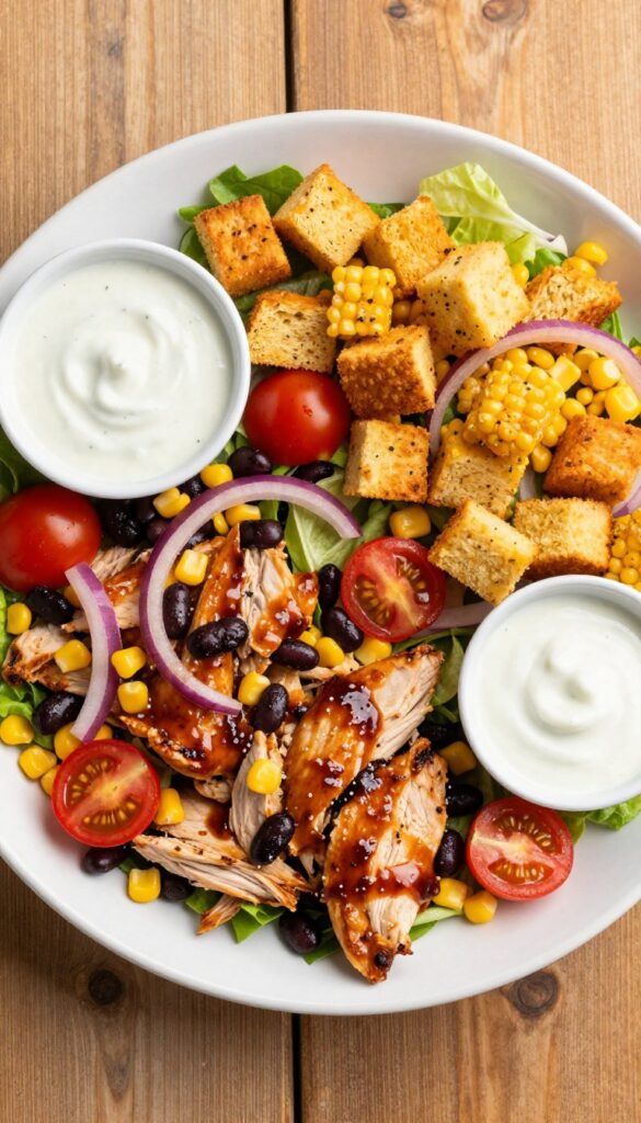 BBQ chicken salad with cornbread croutons and ranch dressing
