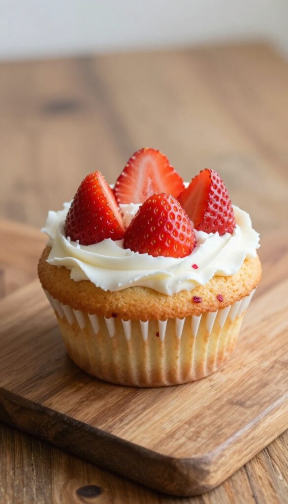 Vegan strawberry cupcake with coconut cream frosting and fresh strawberry slice on rustic wooden table