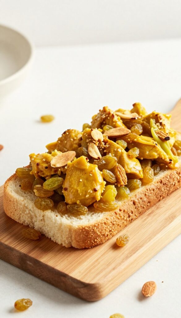 Curry chicken salad sandwich with golden raisins and almonds on a wooden board