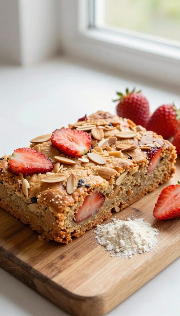 Gluten-free almond strawberry blondie on a wooden board with fresh strawberries and almond flour.