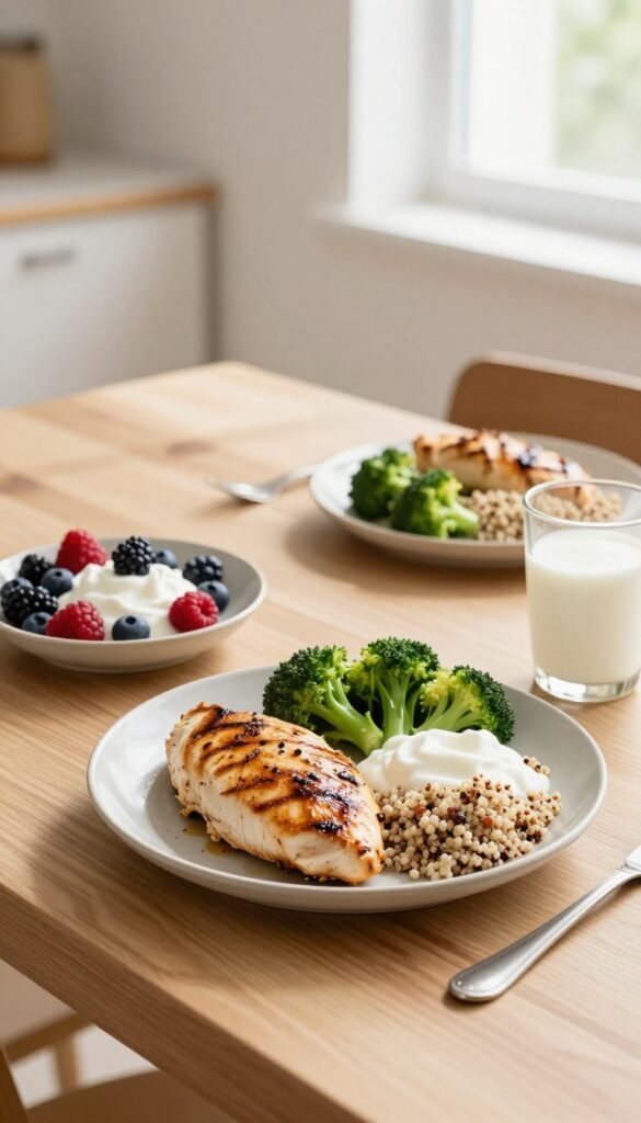 High-protein muscle gain meal with grilled chicken, quinoa, broccoli, Greek yogurt, and milk on a wooden table.
