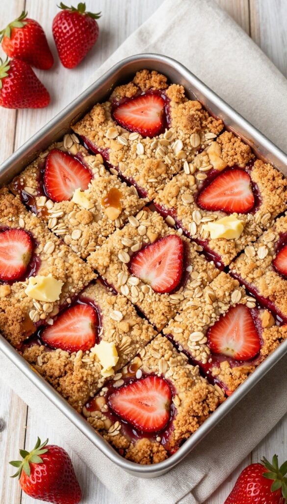 Golden brown strawberry crumble bars with glossy red filling and balsamic drizzle on a wooden table