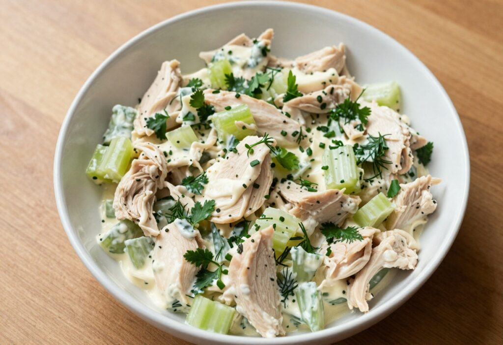 Overhead view of homemade chicken salad in a white bowl on a wooden table, with fresh herbs and celery visible.