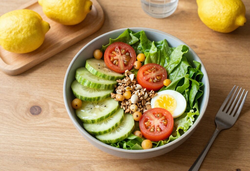 Healthy low sugar meal with salad, water, and berries on a wooden table
