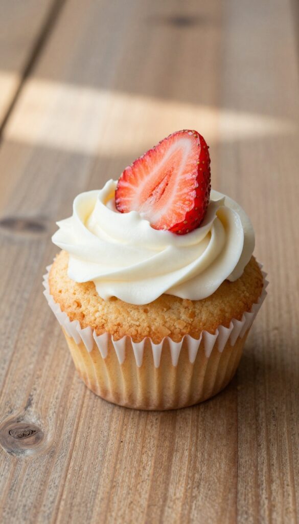 Gluten-free strawberry cupcake with cream cheese frosting and fresh strawberry slice on wooden table