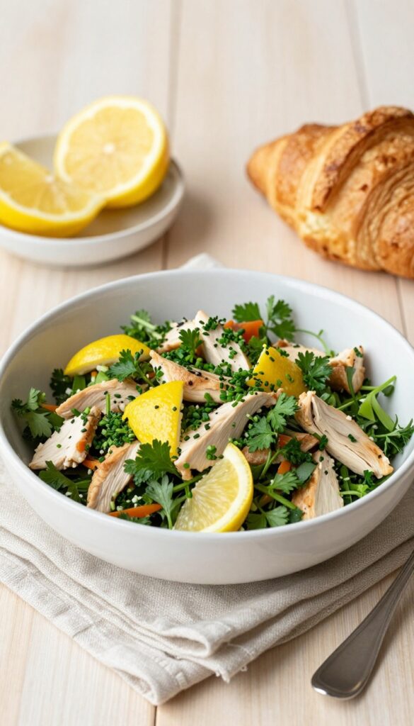 Herb and lemon chicken salad in a white bowl with croissant and lemon wedges on a wooden table
