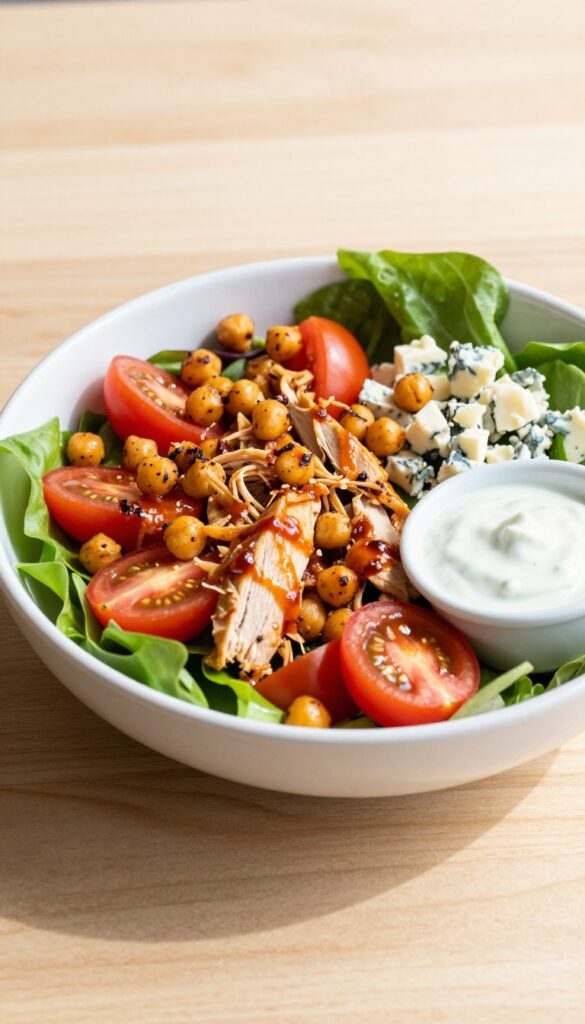 Buffalo chicken salad with crispy chickpeas and ranch dressing in a white bowl on a wooden table