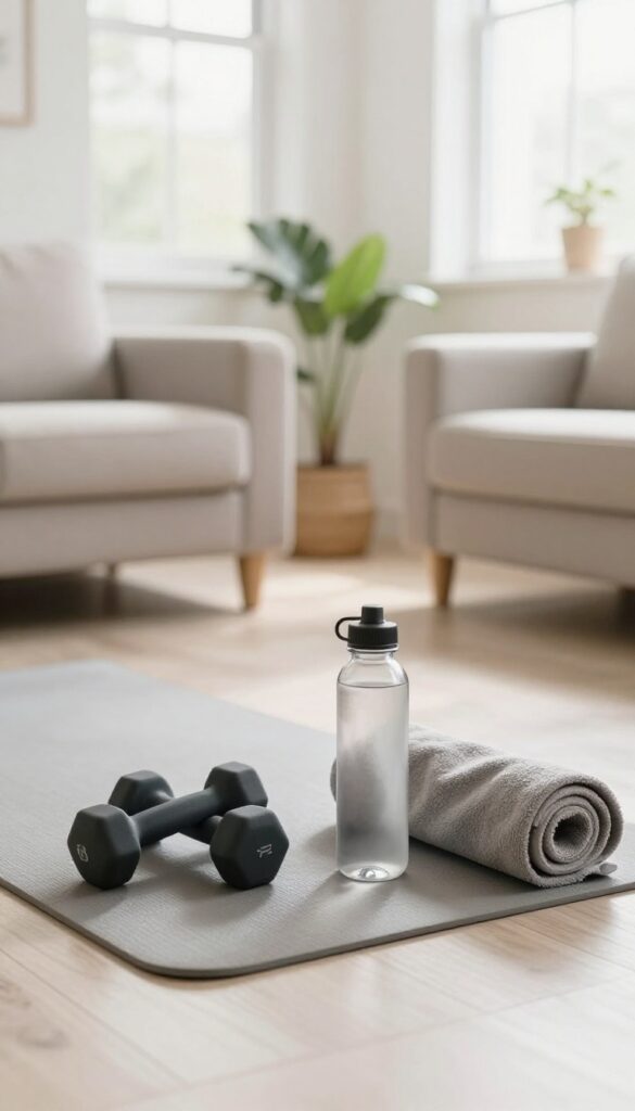 Home workout setup with dumbbells, water bottle, and towel on a yoga mat in a bright living room