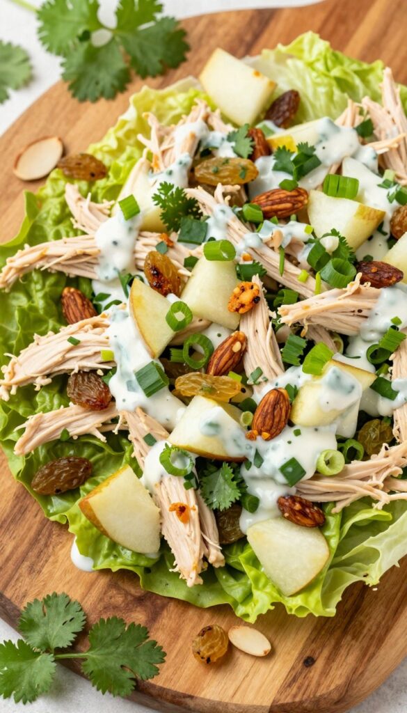 Herby cilantro and green onion curry chicken salad in lettuce cups