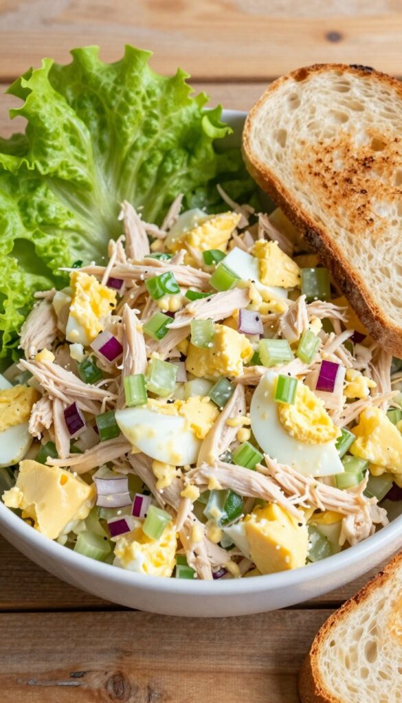 Egg and chicken salad in a bowl with lettuce leaves and toast on a wooden table.
