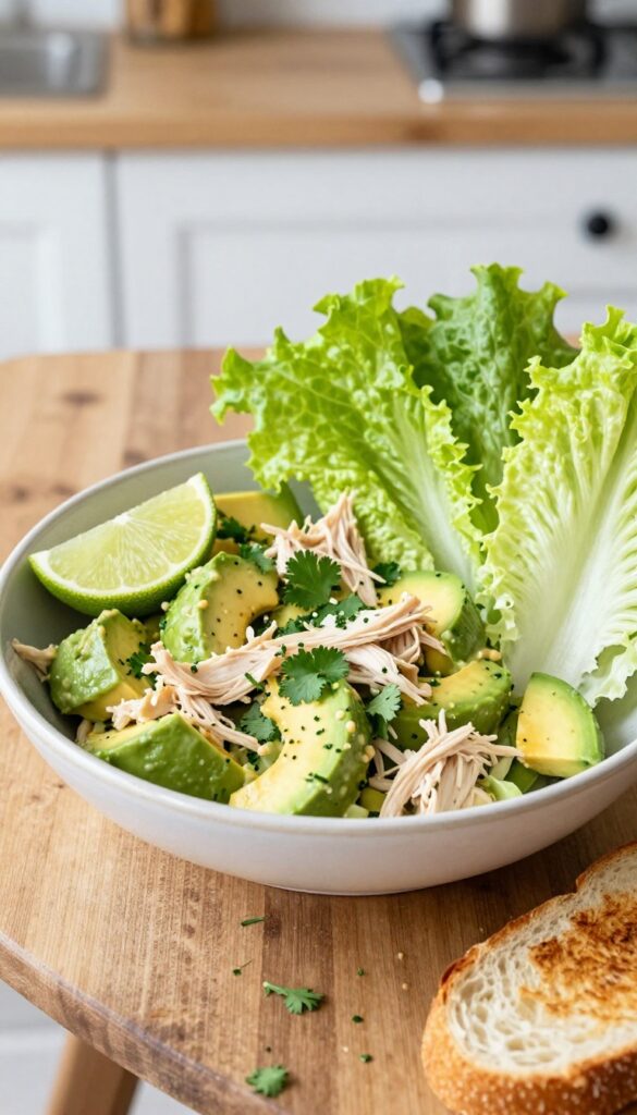 Creamy avocado chicken salad in a bowl on a wooden table with lettuce cups and toast