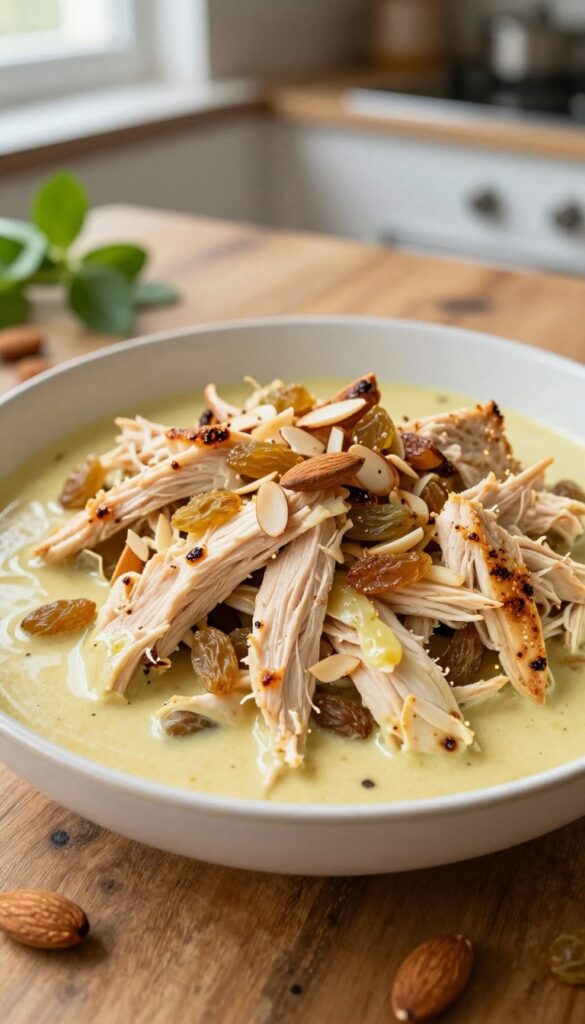 Bowl of curry chicken salad with toasted almonds and golden raisins on wooden table