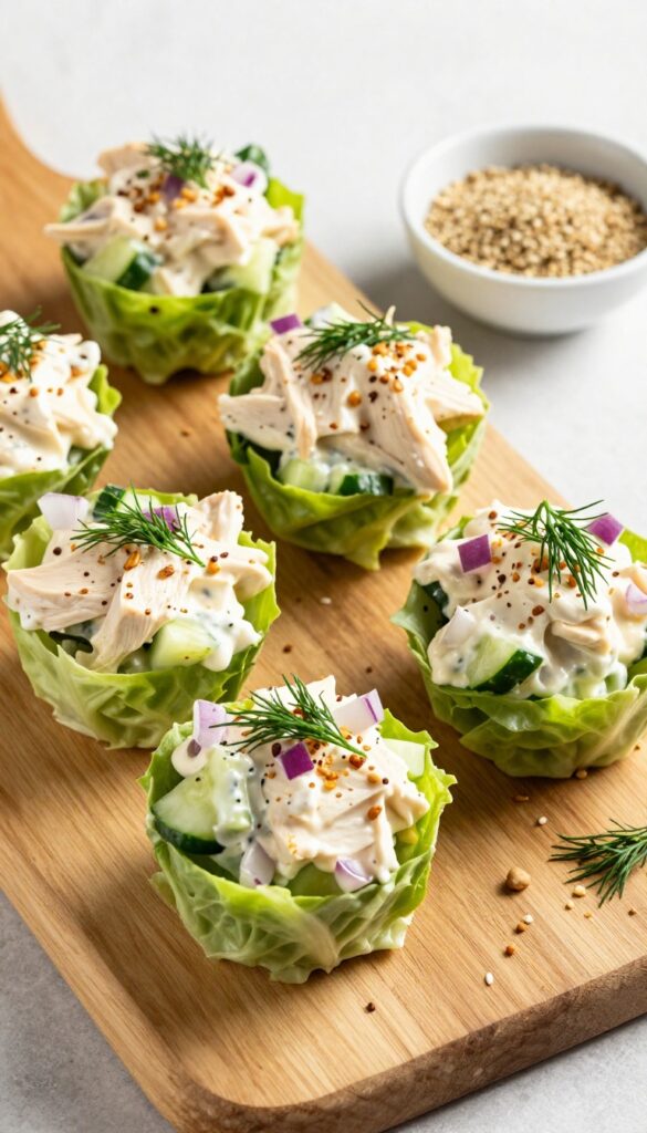 Creamy chicken salad with everything bagel seasoning in lettuce cups on a wooden board.