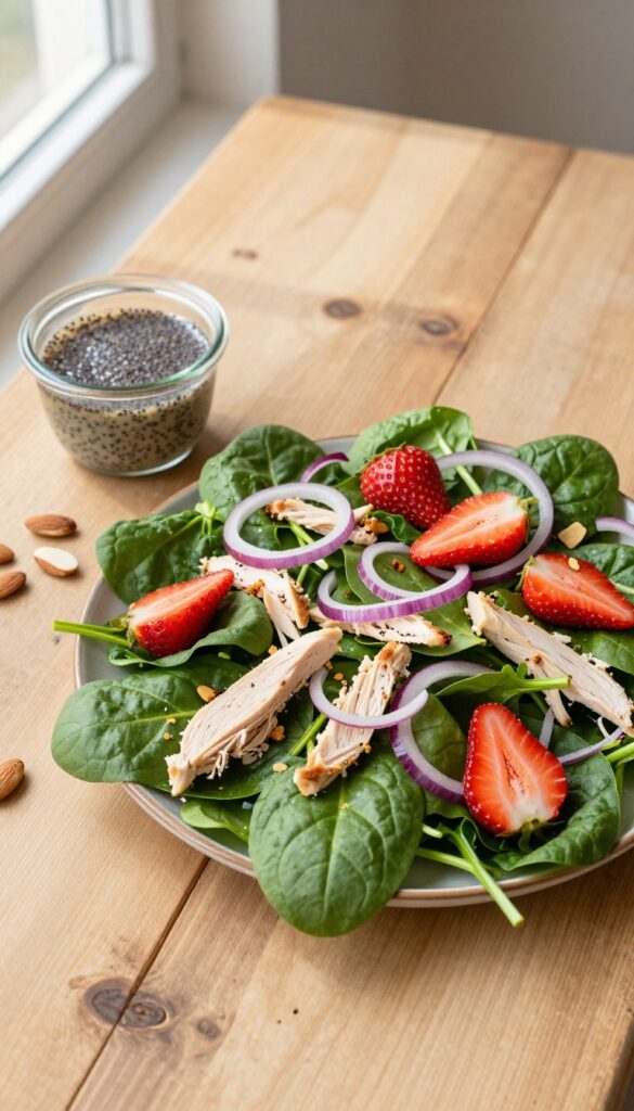 Spinach and strawberry chicken salad with poppy seed dressing on a wooden table