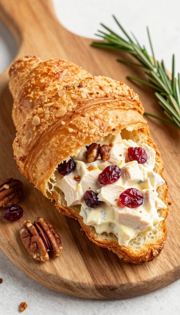 Cranberry pecan chicken salad croissant on a wooden board with scattered cranberries and pecans.