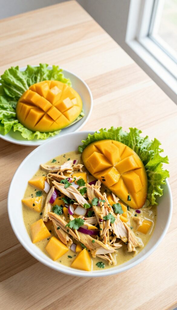 Spicy chipotle curry chicken salad with mango in a bowl, served with lettuce cups and a wrap, photorealistic food photography.