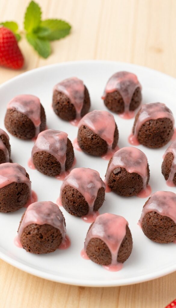Mini brownie bites with glossy strawberry glaze on a white plate, surrounded by fresh strawberries and mint leaves.