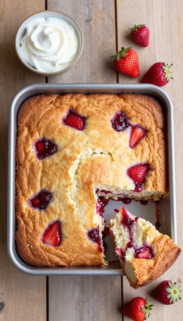 One-bowl strawberry buttermilk cake with powdered sugar and whipped cream on a wooden table