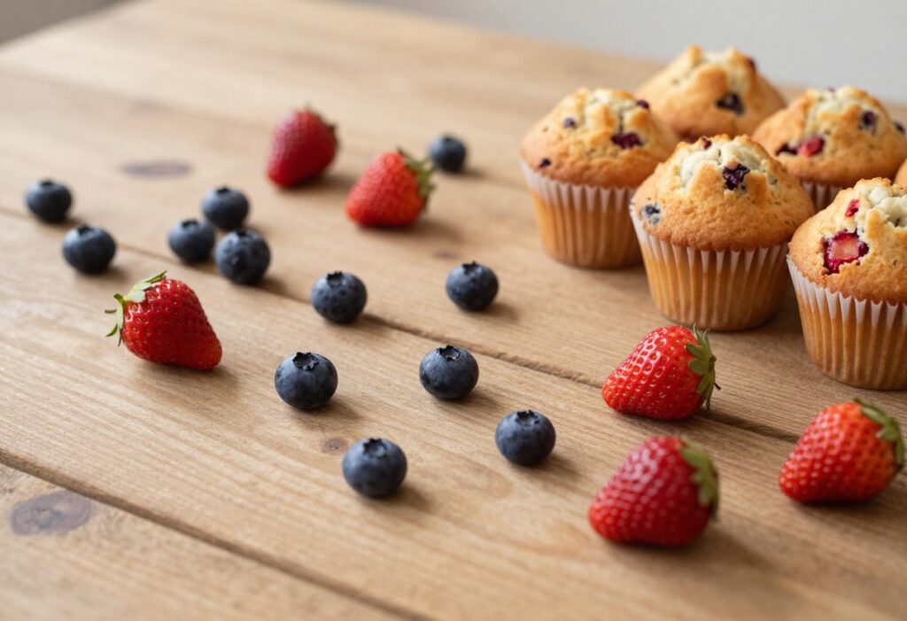 Basket of strawberry muffins on a wooden table with fresh strawberries