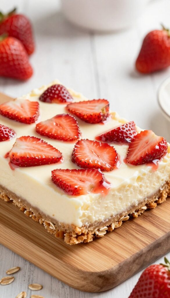 Gluten-free strawberry cheesecake bars with oat crust, creamy filling, and fresh strawberry chunks, on a wooden board.